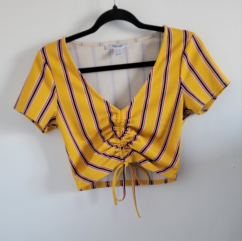 Striped Yellow Crop Top T-shirt adjustable Revamped